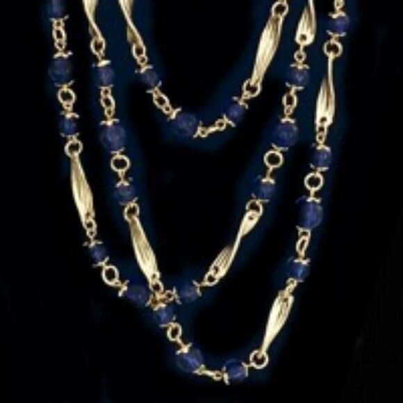 VTG BLUE GLASS BEADS WITH CAPS SPACERS GOLDTONE TRIPLE STRAND ELEGANT NECKLACE - Picture 5 of 7